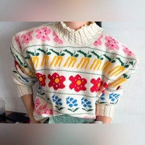 Polagram Floral Knit Sweater Stand Collar Elegant Sweet Pullover